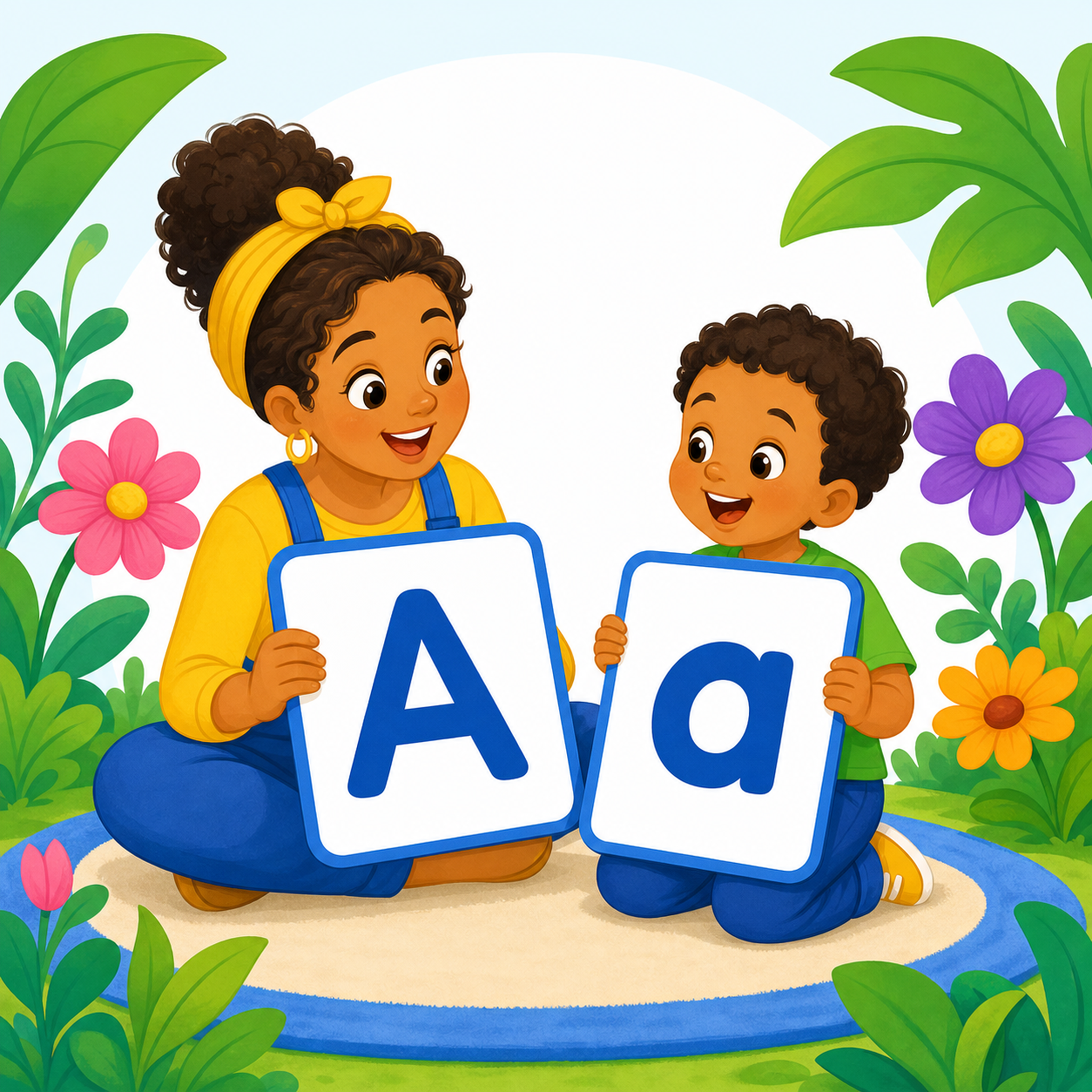 A caregiver and child matching uppercase and lowercase letters in a colorful garden game.