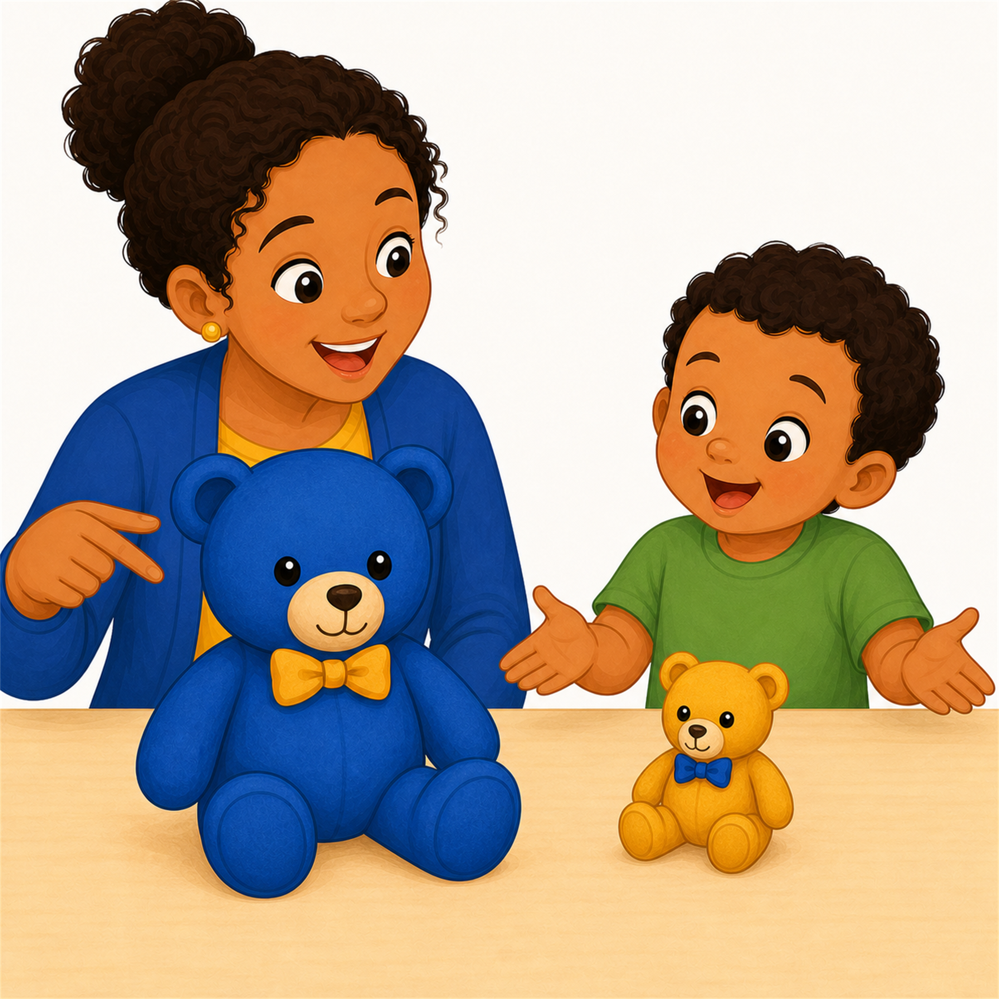 A caregiver and child comparing a big teddy bear with a small teddy bear.