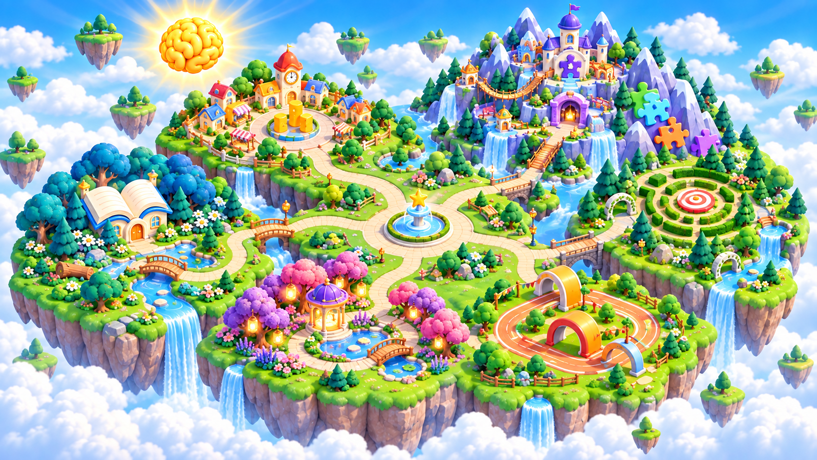Illustrated Brainopia map of Little Steps Realm with six connected learning regions