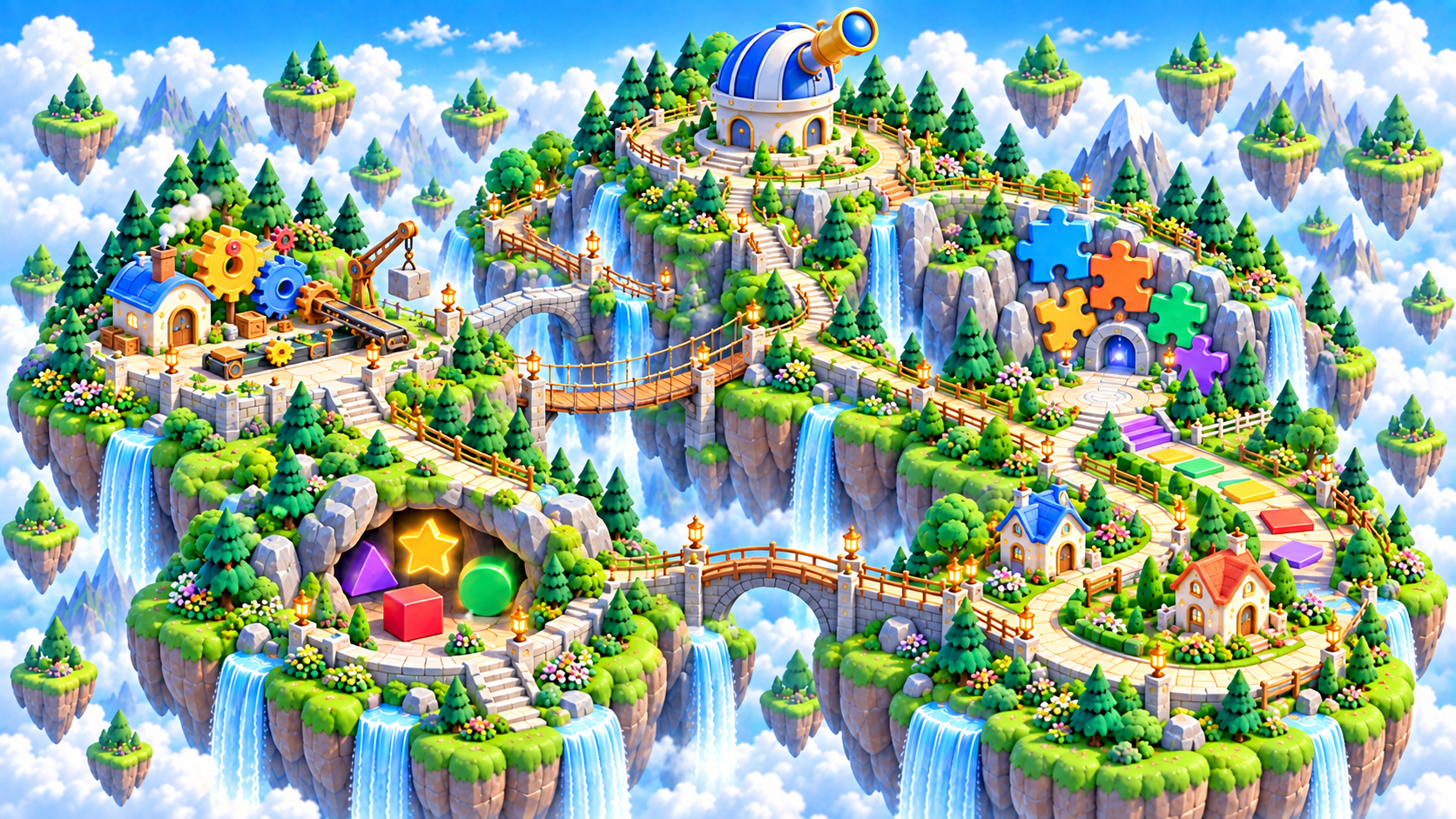 Zoomed aerial view of Puzzle Peaks in the Brainopia learning world