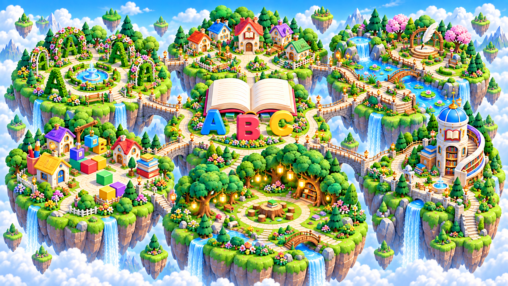Zoomed aerial view of Word Woods in the Brainopia learning world