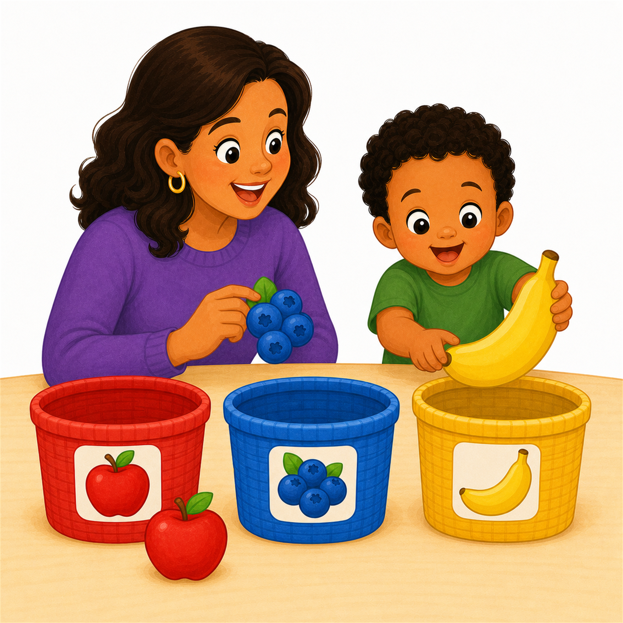 A caregiver and child sorting colorful picnic items into matching baskets.