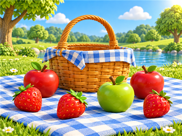A bright picnic scene for counting fruit.