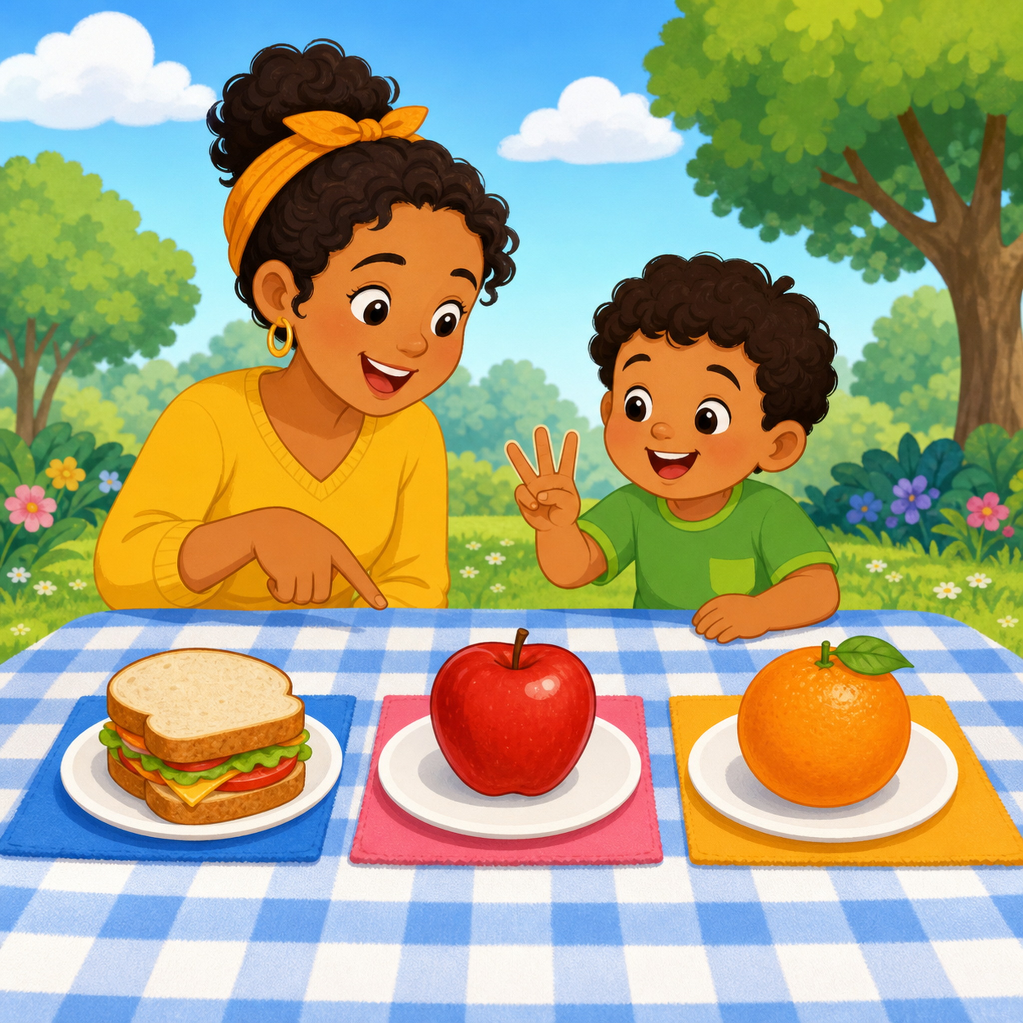 A caregiver and child counting large colorful picnic items together.