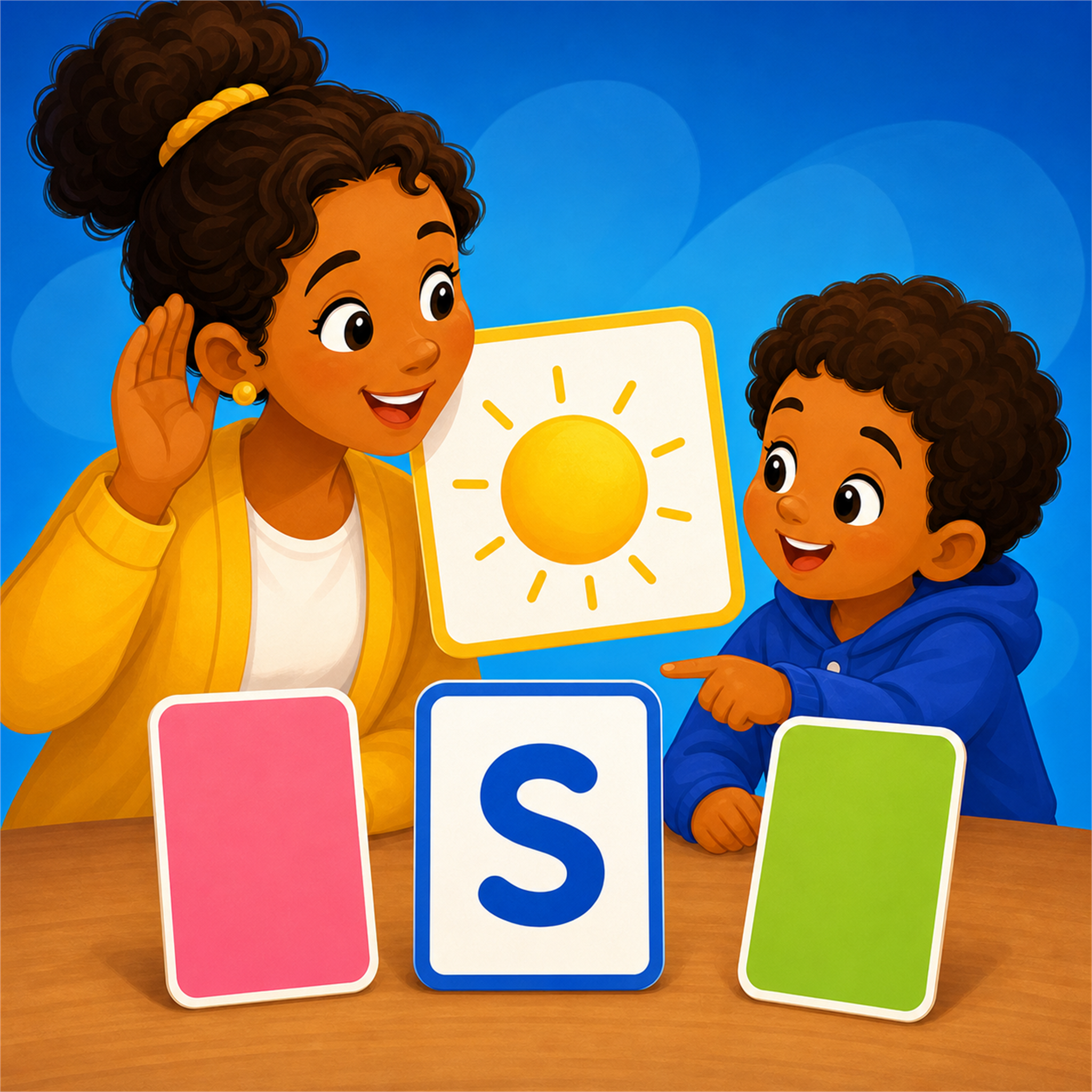 A caregiver and child choosing the letter S for the beginning sound in the word sun.