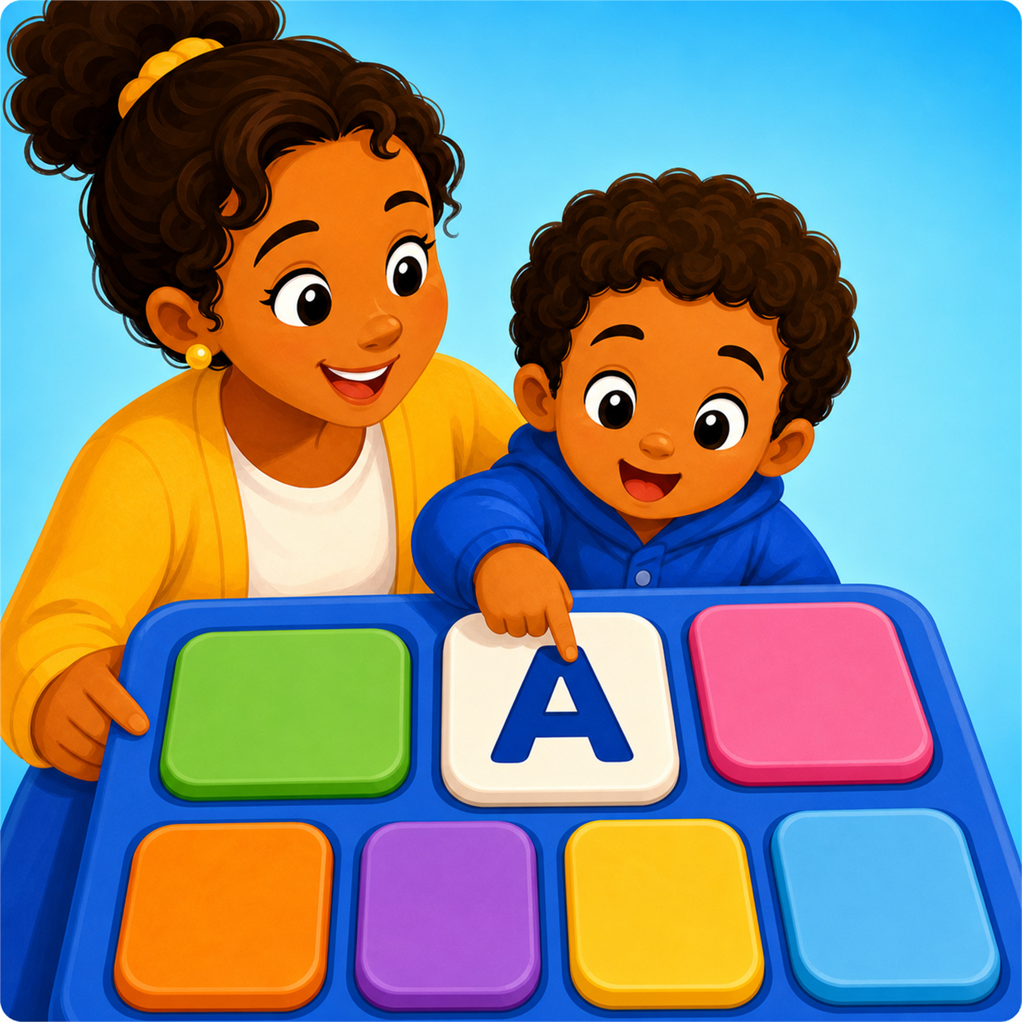 A caregiver and young child finding a large colorful letter in a friendly keyboard game.