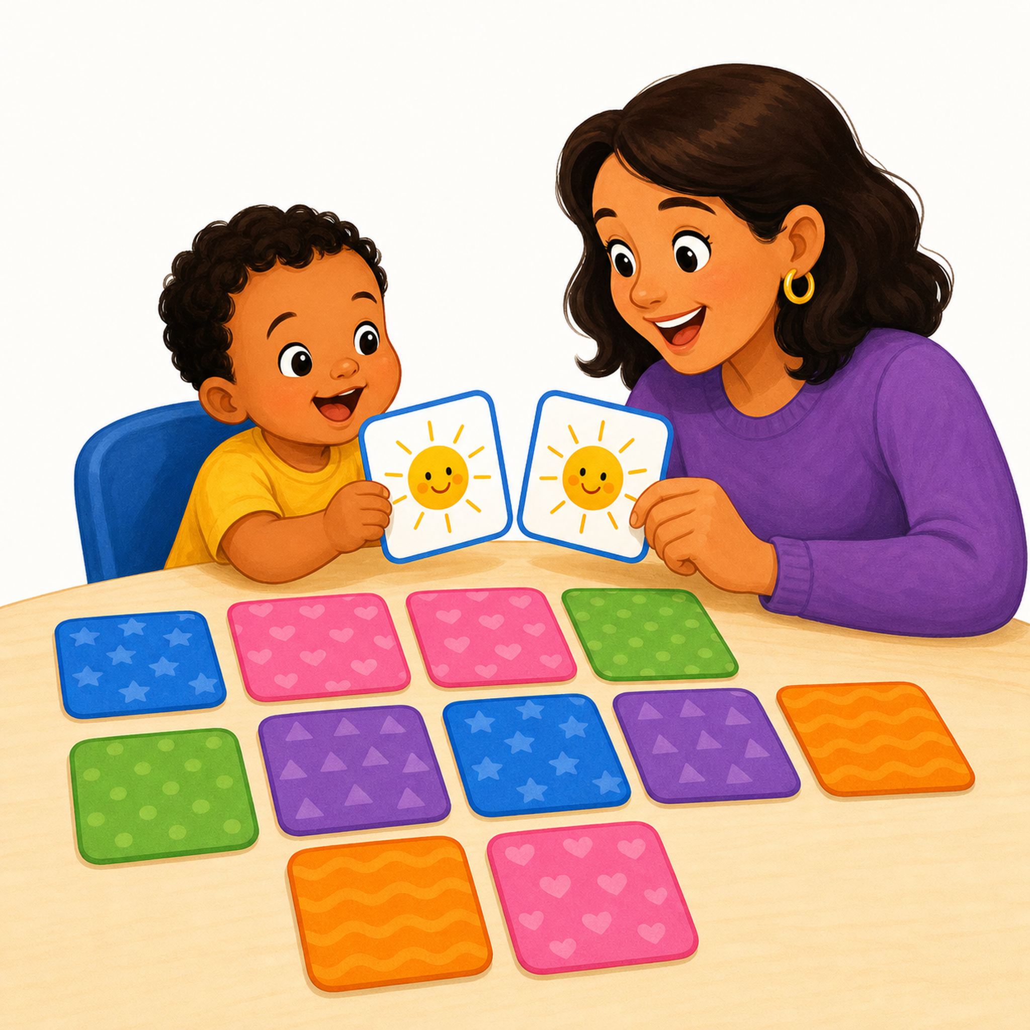 A caregiver and child taking turns playing a picture-card memory game.