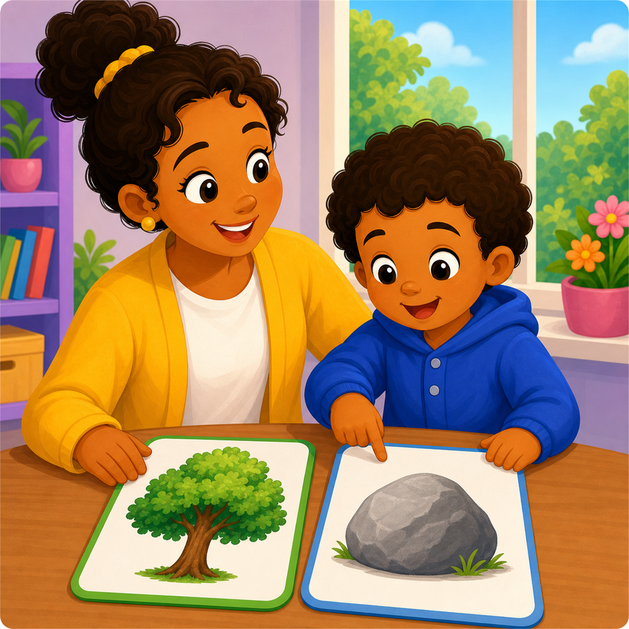 A caregiver and child sorting large nature cards into living and not-living groups.