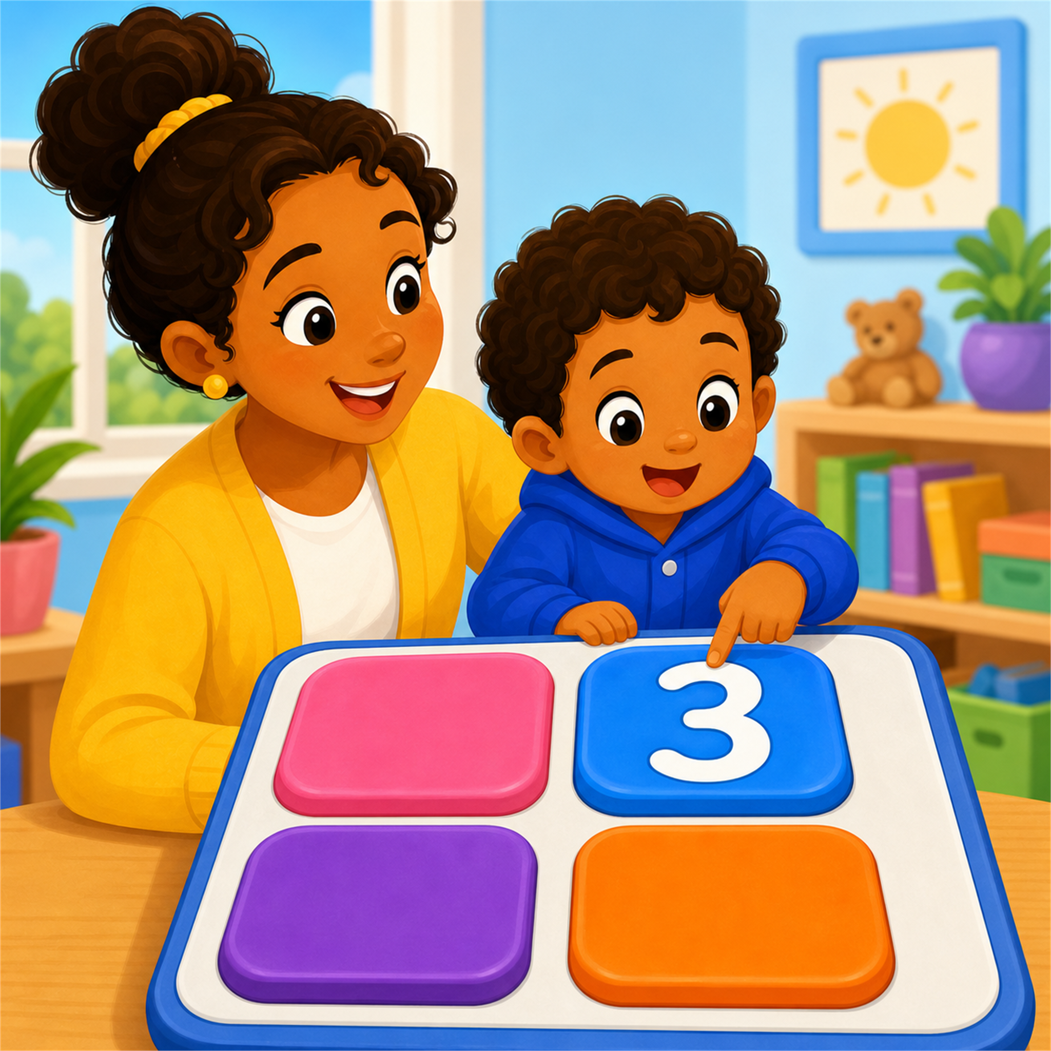 A caregiver and child finding the numeral three on a set of large colorful number keys.
