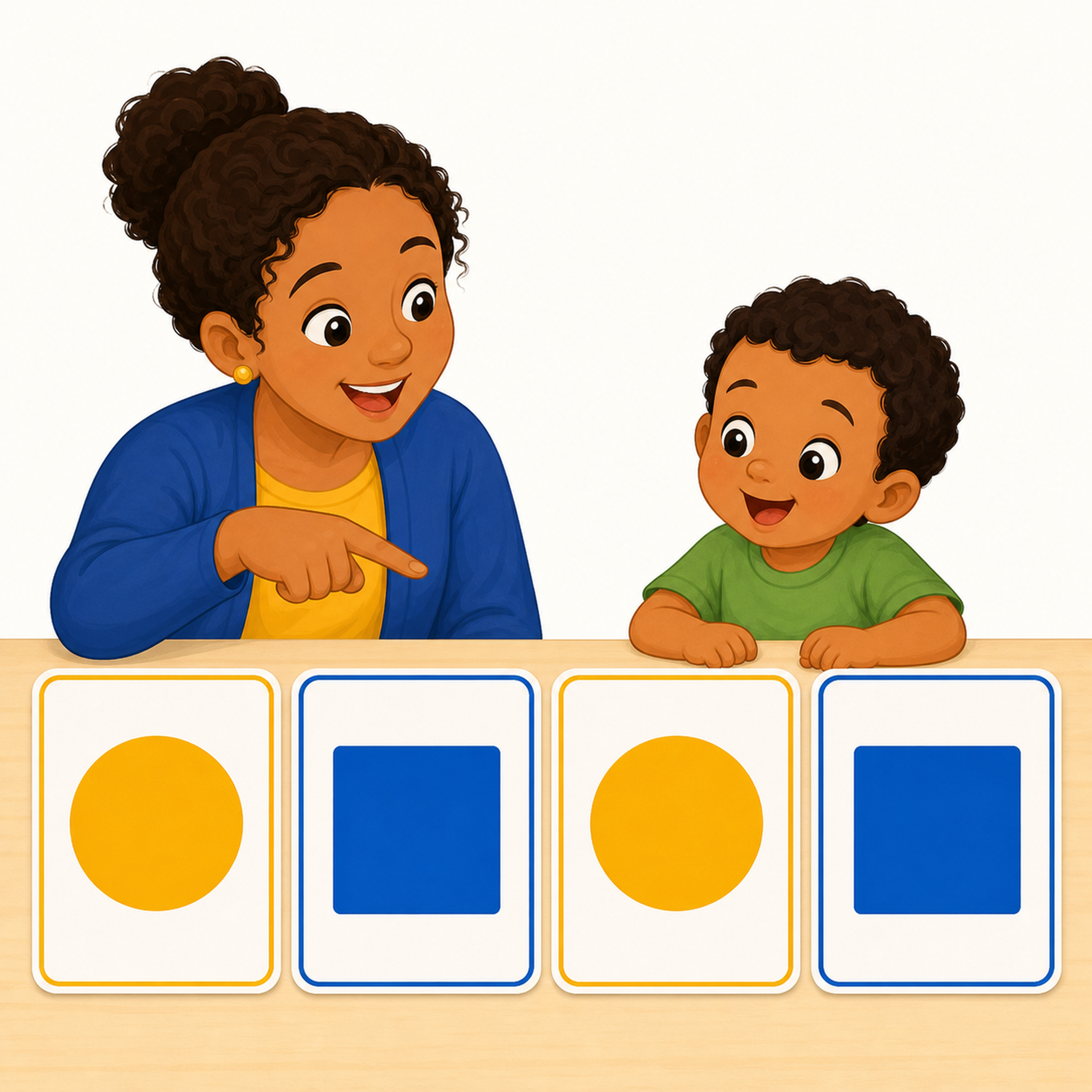 A caregiver and child completing a colorful repeating shape pattern together.