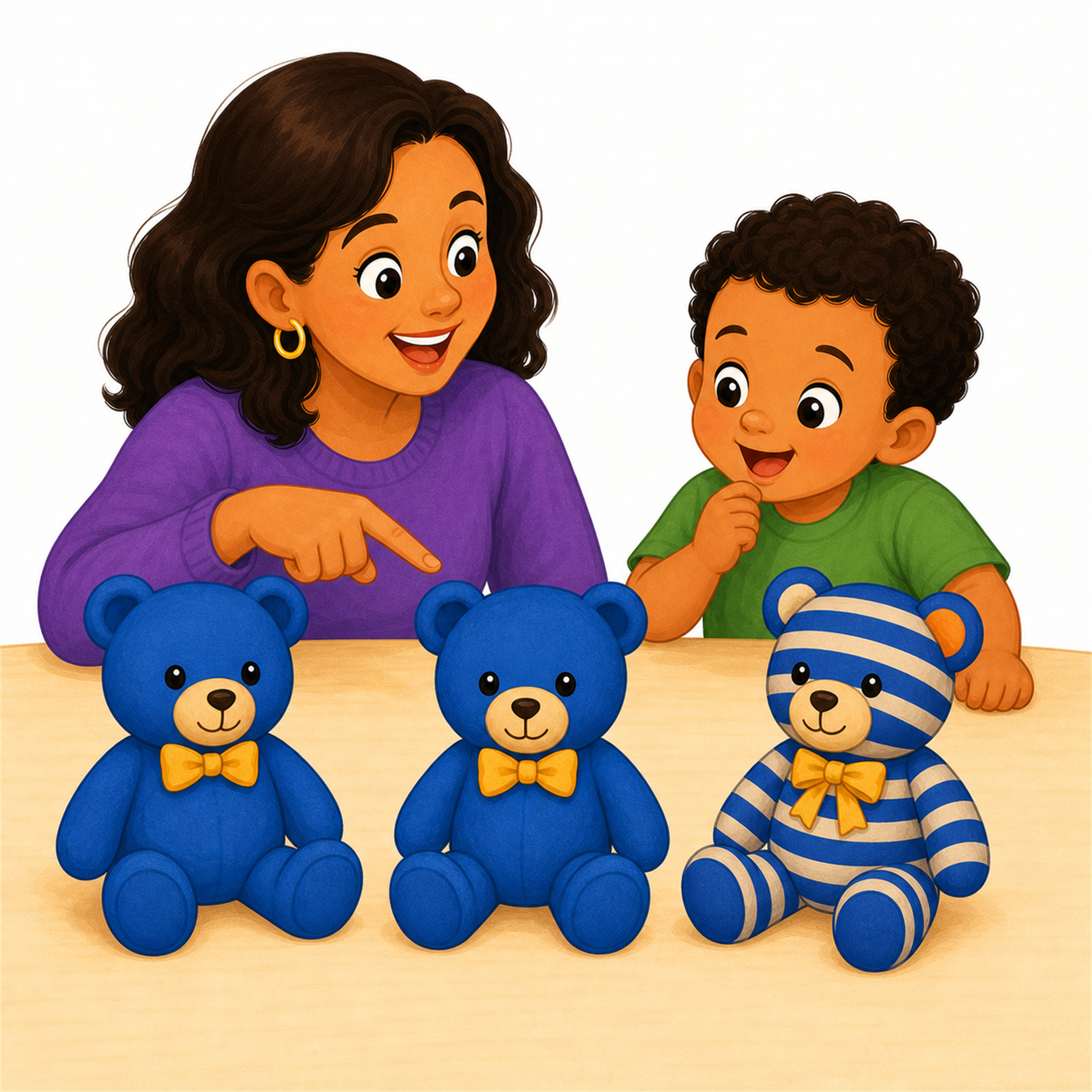 A caregiver and child comparing toy bears to find what is the same or different.