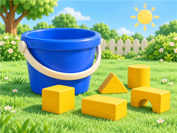 Colorful blocks and a bucket for counting.