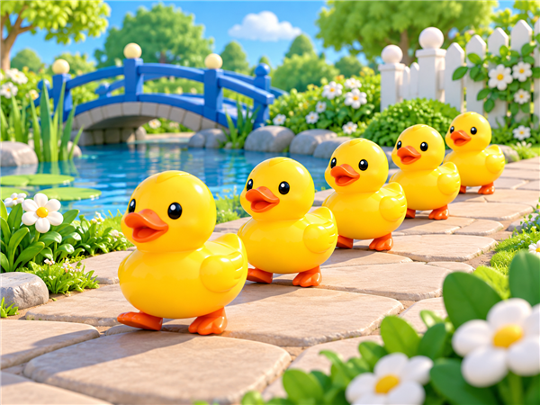A friendly line of toy ducks for counting.