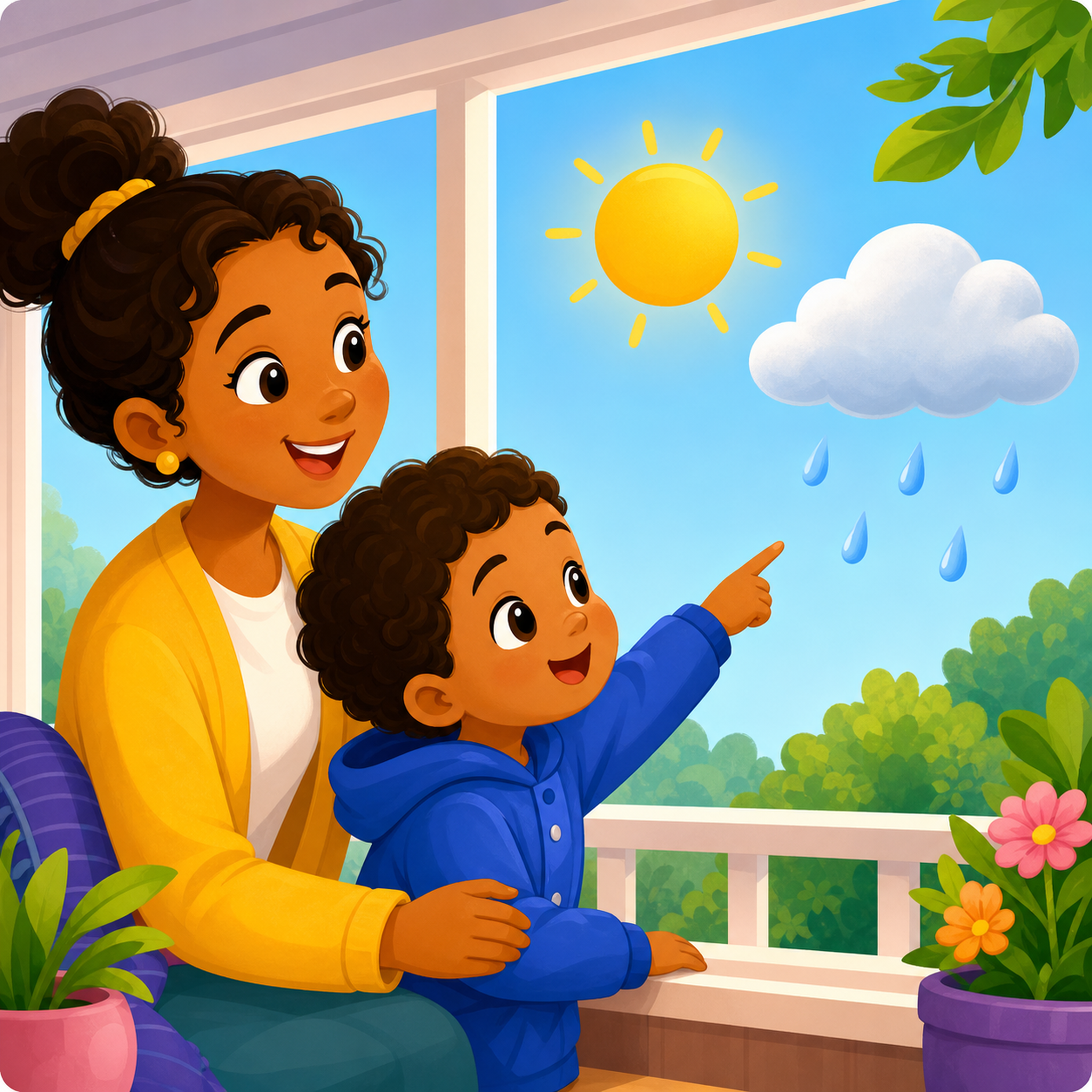 A caregiver and child observing sunny, rainy, and cloudy weather clues together.